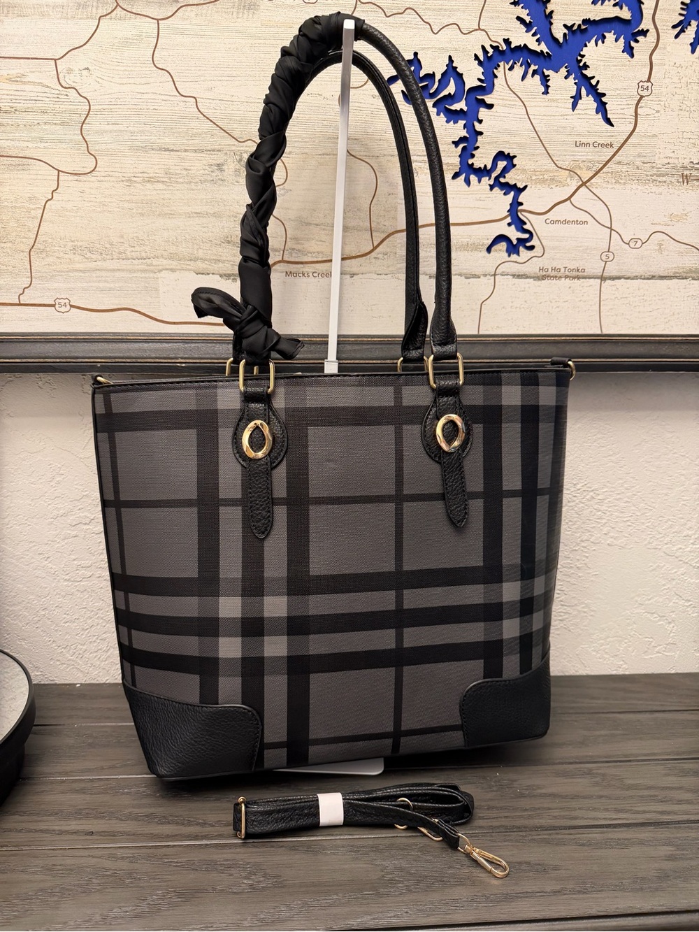 New Large Black & Gray Plaid Tote Bag with Detachable Strap